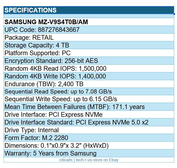 Samsung MZ-V9S4T0B/AM 990 EVO Plus 4TB M.2 2280 NVMe SSD Int Solid State Drive