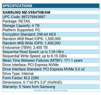 Samsung MZ-V9S4T0B/AM 990 EVO Plus 4TB M.2 2280 NVMe SSD Int Solid State Drive