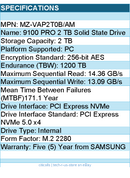 Samsung MZ-VAP2T0B/AM 9100 PRO 2 TB Solid State Drive - M.2 2280 Internal