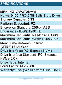 Samsung MZ-VAP2T0B/AM 9100 PRO 2 TB Solid State Drive - M.2 2280 Internal