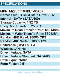 Samsung MZ7L31T9HBLT-00A07 Solid State Drive PM893 1.92TB 2.5 SATA 1.3 DWPD Bare