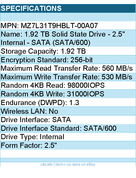 Samsung MZ7L31T9HBLT-00A07 Solid State Drive PM893 1.92TB 2.5 SATA 1.3 DWPD Bare