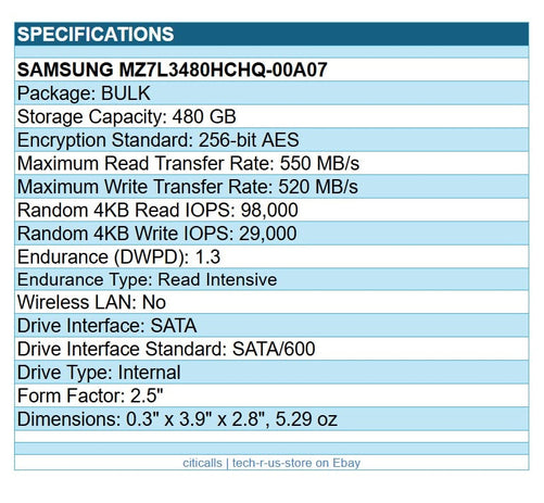Samsung MZ7L3480HCHQ-00A07 PM893 480GB 2.5" SATA/600 Read Intensive Server SSD