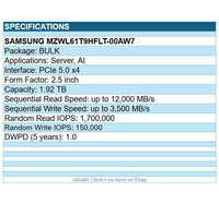Samsung MZWL61T9HFLT-00AW7 PM9D3a 1.92TB 2.5" PCIe NVMe 5.0x4 SSD Solid State Dr