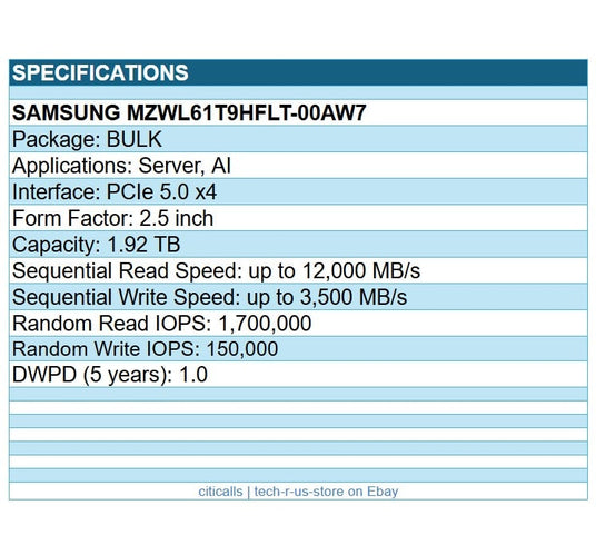 Samsung MZWL61T9HFLT-00AW7 PM9D3a 1.92TB 2.5" PCIe NVMe 5.0x4 SSD Solid State Dr