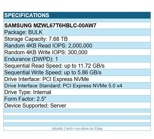 Samsung MZWL67T6HBLC-00AW7 PM9D3a 7.68TB 2.5" PCIe NVMe 5.0x4 SSD Solid State Dr