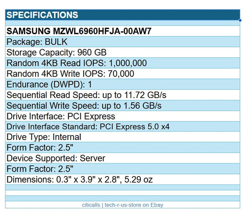 Samsung MZWL6960HFJA-00AW7 PM9D3a 960GB 2.5" PCIe NVMe 5.0x4 SSD Solid State Dr