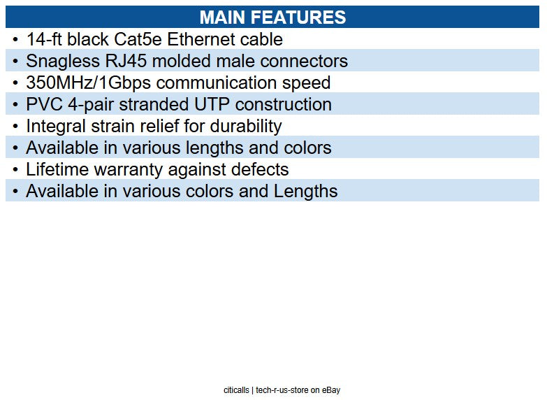 Eaton N001-014-BK 14' CAT5e 350 MHz Snagless Molded UTP Ethernet Cable RJ45 Male