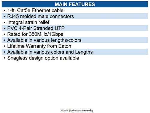 Eaton N002-001-GN 1ft CAT5(e) Molded UTP Ethernet Cable, RJ45 M/M, PoE, 350 MHz,