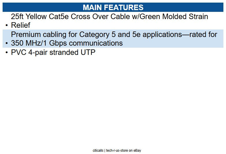 Eaton N010-025-YW 25ft Cat5e 350 MHz Crossover Molded (UTP) Ethernet Cable RJ45