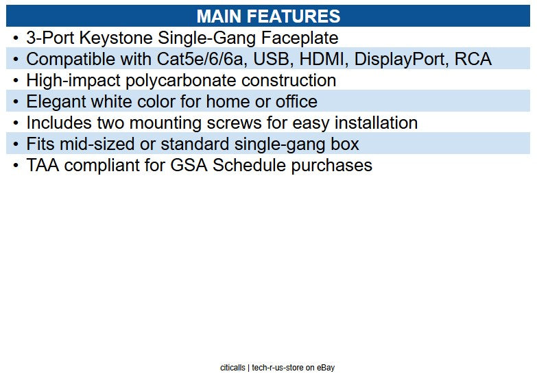 Eaton N080-103 3-Port Keystone Single-Gang Faceplate, White