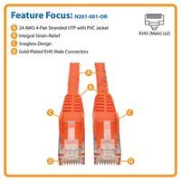 Eaton N201-001-OR Cat6 Gigabit Snagless Molded (UTP) Ethernet Cable (RJ45 M/M)