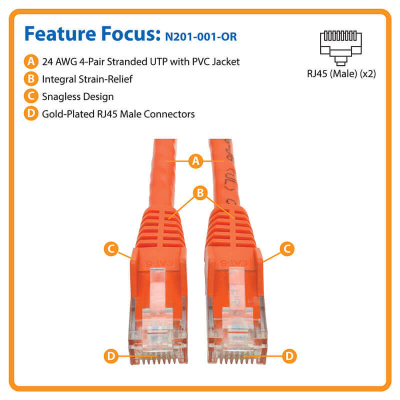Eaton N201-001-OR Cat6 Gigabit Snagless Molded (UTP) Ethernet Cable (RJ45 M/M)