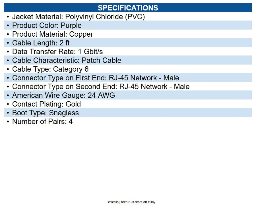 Eaton N201-002-PU Cat6 Gigabit Snagless Molded (UTP) Ethernet Cable (RJ45 M/M)
