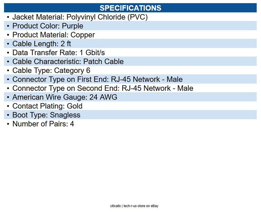 Eaton N201-002-PU Cat6 Gigabit Snagless Molded (UTP) Ethernet Cable (RJ45 M/M)