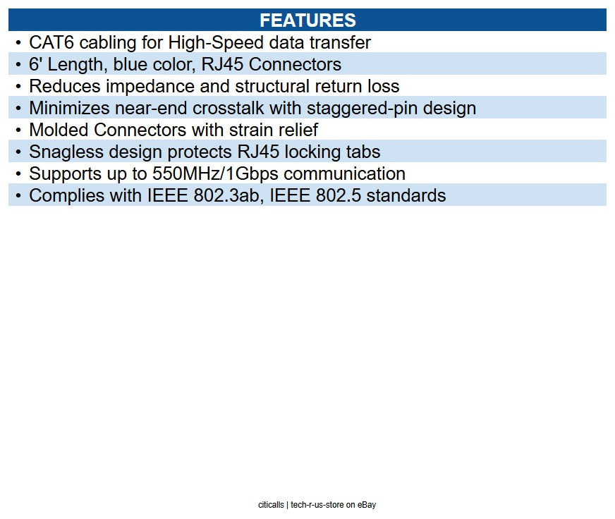 Eaton N201-006-BL Cat6 Gigabit Snagless Molded (UTP) Ethernet Cable (RJ45 M/M)