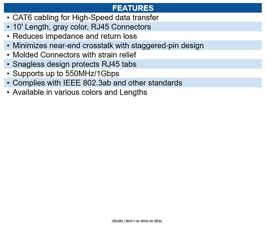 Eaton N201-010-GY Cat6 Gigabit Snagless Molded (UTP) Ethernet Cable (RJ45 M/M)