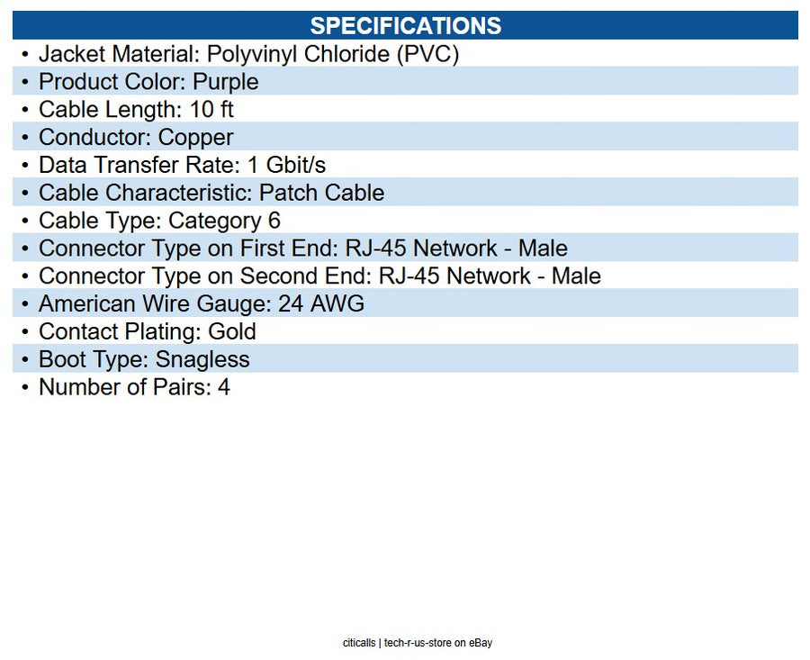Eaton N201-010-PU Cat6 Gigabit Snagless Molded (UTP) Ethernet Cable (RJ45 M/M)