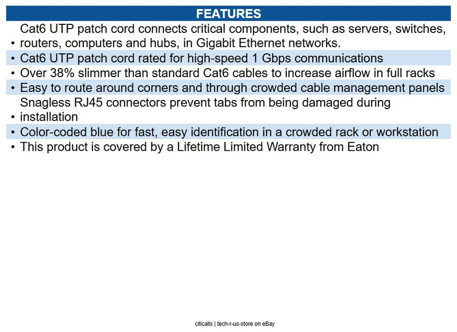 Eaton N201-S07-BL Cat6 Gigabit Snagless Slim UTP Ethernet Cable (RJ45 M/M) PoE