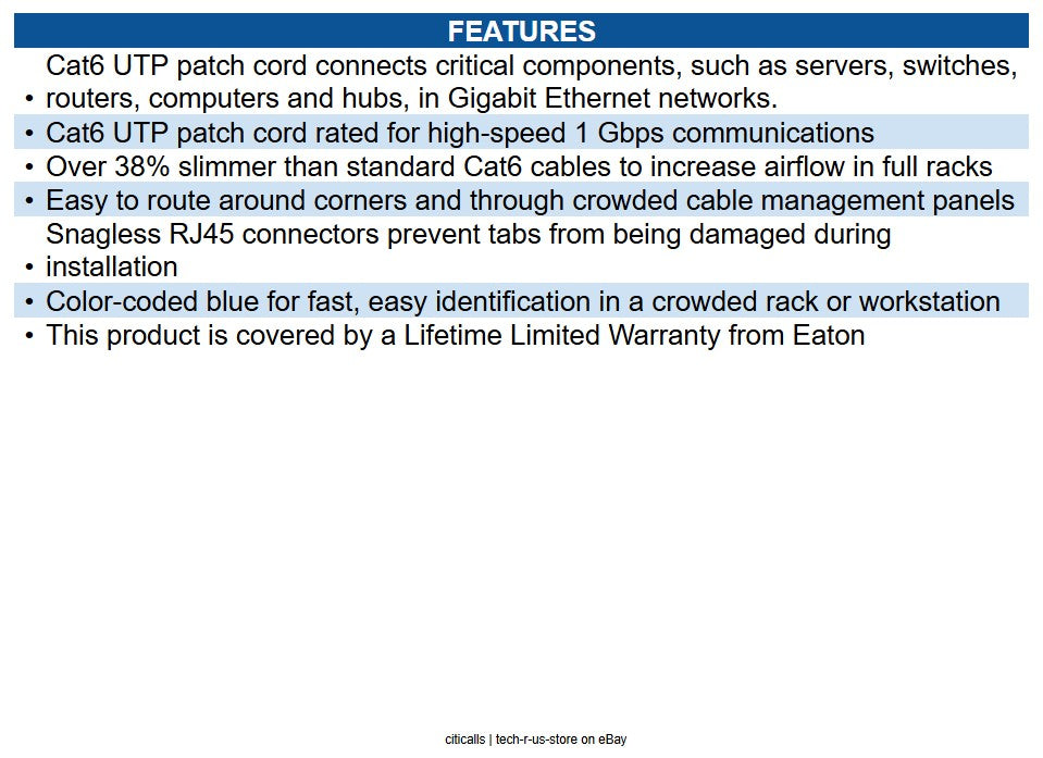 Eaton N201-S07-BL Cat6 Gigabit Snagless Slim UTP Ethernet Cable (RJ45 M/M) PoE