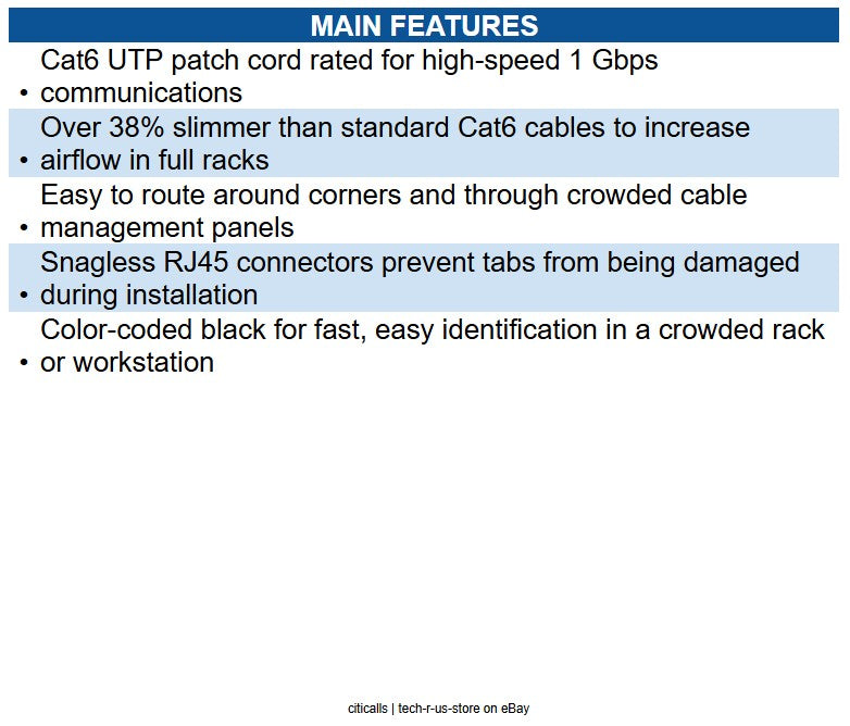Eaton N201-S15-BK Cat6 Gigabit Snagless Slim UTP Ethernet Cable (RJ45 M/M), PoE
