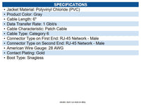 Eaton N201-S6N-GY Cat6 Gigabit Snagless Slim UTP Ethernet Cable (RJ45 M/M), PoE