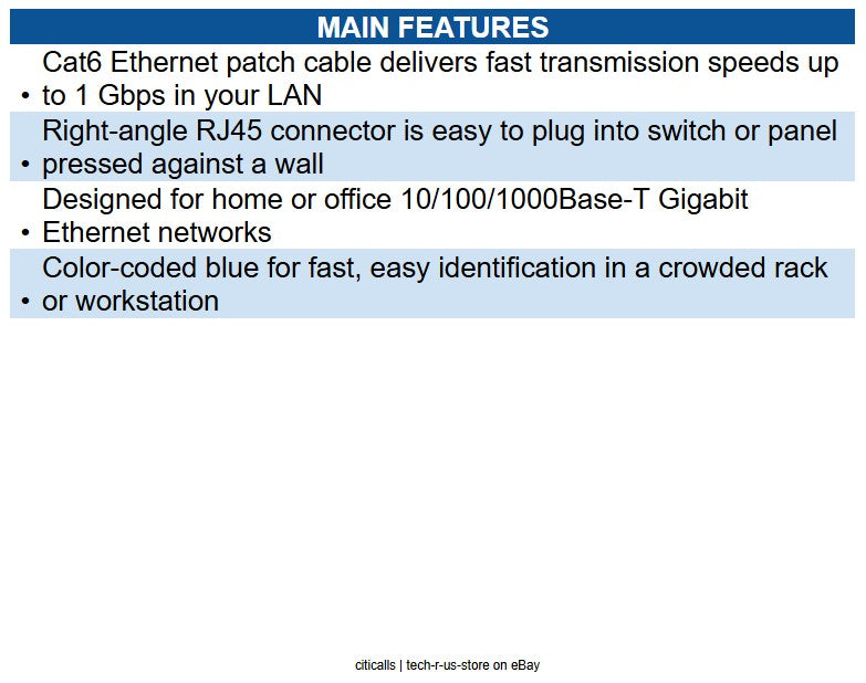 Eaton N204-001-BL-DN Down-Angle Cat6 Gigabit Molded UTP Ethernet Cable (RJ45