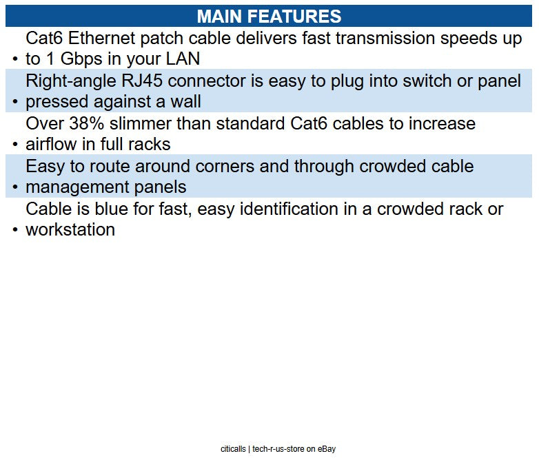 Eaton N204-S01-BL-RA Right-Angle Cat6 Gigabit Molded Slim UTP Ethernet Cable