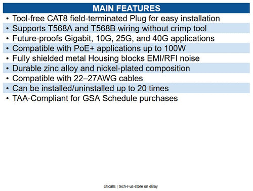 Eaton N233-SHC8-1 CAT8 STP Class 1 Field-Termination Plug, 568A/568B