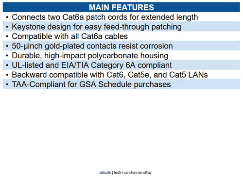 Eaton N235-001-6A CAT6A Straight-Through Modular In-Line Snap-In Coupler, RJ45