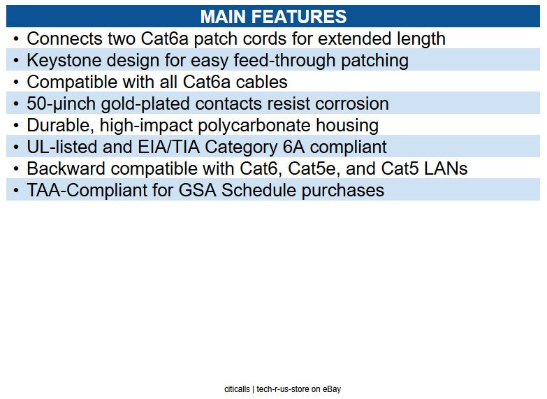 Eaton N235-001-6A CAT6A Straight-Through Modular In-Line Snap-In Coupler, RJ45