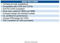 Eaton N238-010-BK CAT6/CAT5e 110 Style Punch Down Keystone Jack, 10-Pack, Black