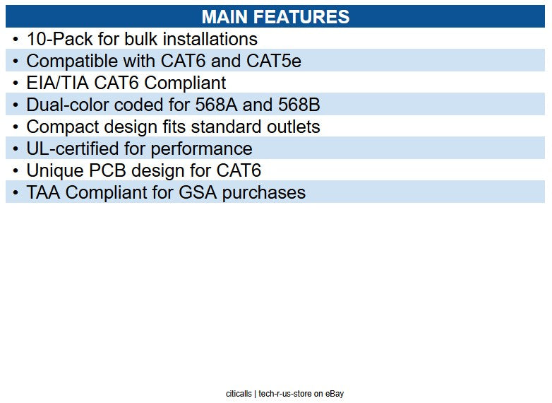 Eaton N238-010-BK CAT6/CAT5e 110 Style Punch Down Keystone Jack, 10-Pack, Black