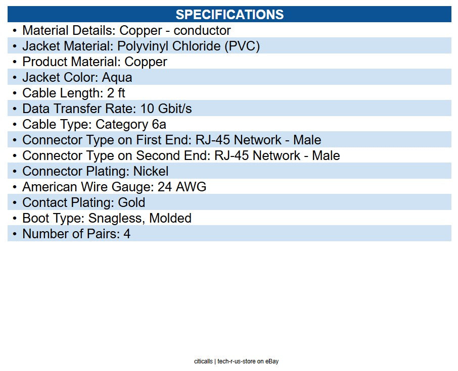 Eaton N261-002-AQ Cat6a 10G Snagless Molded UTP Ethernet Cable (RJ45 M/M), PoE