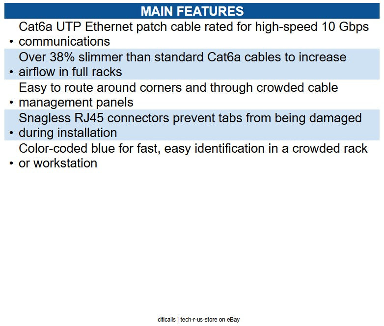 Eaton N261-S10-BL Cat6a 10G Snagless Molded Slim UTP Ethernet Cable (RJ45 M/M)