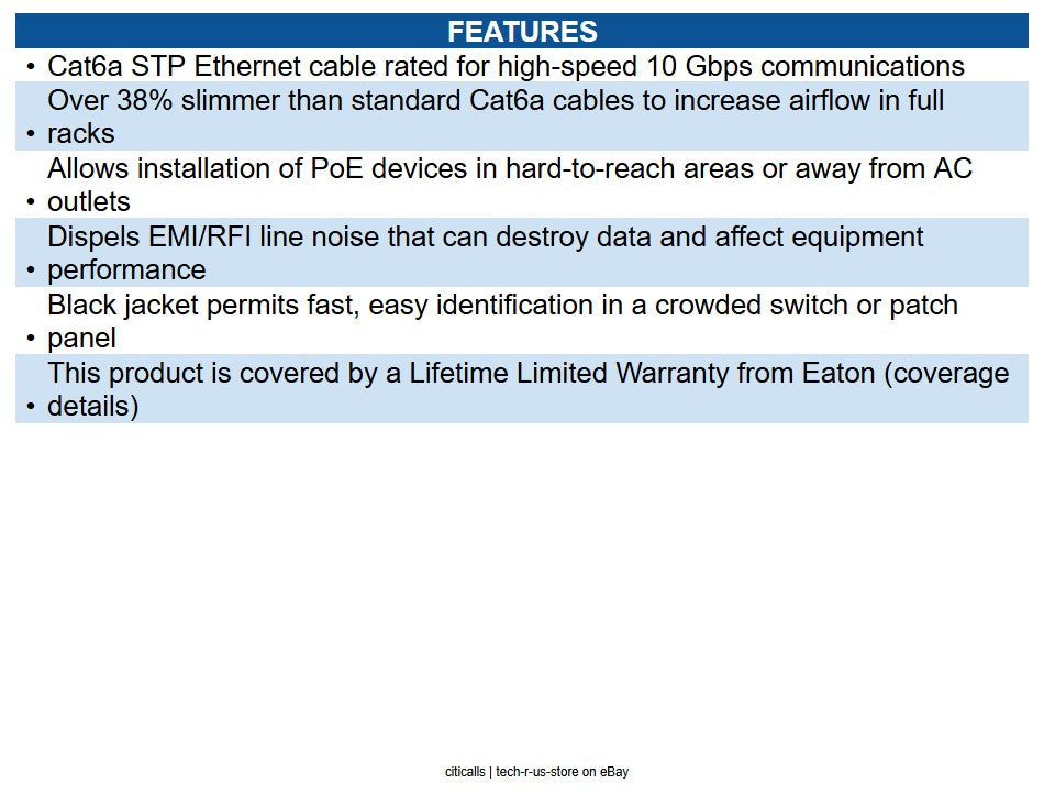 Eaton N262-S03-BK Cat6a 10G Snagless Shielded Slim STP Ethernet Cable (RJ45 M/M)