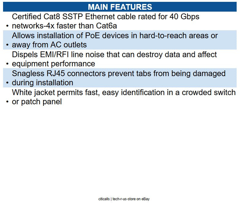 Eaton N272-F02-WH Cat8 40G Snagless SSTP Ethernet Cable (RJ45 M/M), PoE, White