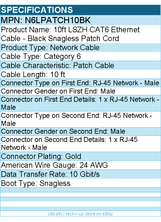 StarTech N6LPATCH10BK 3m(10ft) CAT6 Ethernet Cable - Black