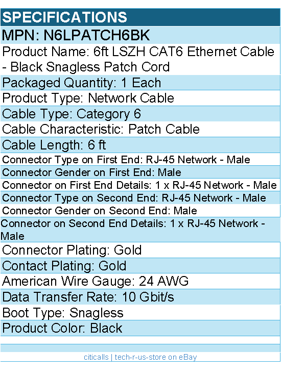 StarTech N6LPATCH6BK 6ft (1.8m) CAT6 Ethernet Cable - Patch Cable - Black