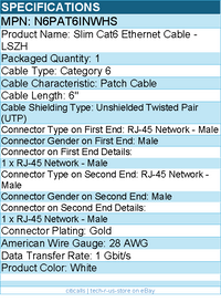 StarTech N6PAT6INWHS 6in White Slim CAT6 Ethernet Cable, Slim Snagless RJ45, UTP