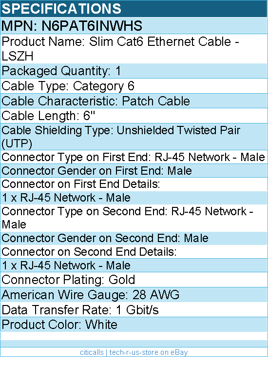 StarTech N6PAT6INWHS 6in White Slim CAT6 Ethernet Cable, Slim Snagless RJ45, UTP