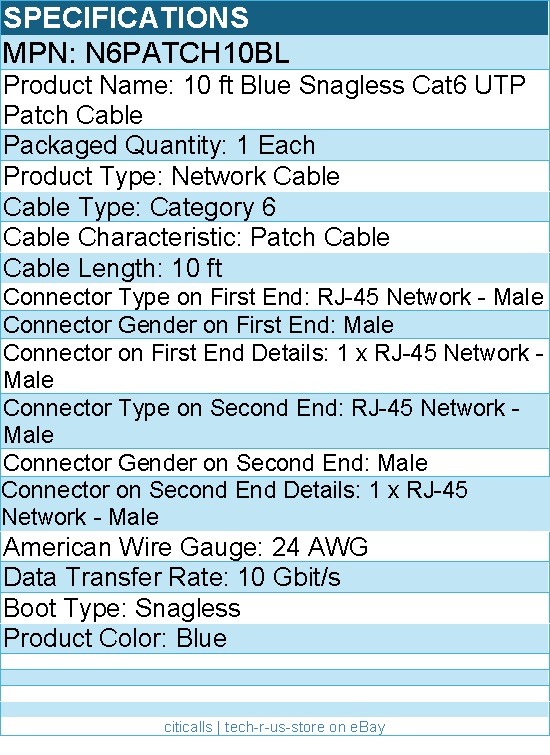 StarTech N6PATCH10BL 10ft CAT6 Ethernet Cable - Blue Snagless Gigabit