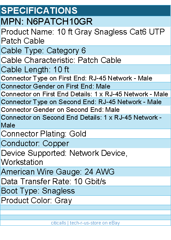 StarTech N6PATCH10GR 10ft CAT6 Ethernet Cable - Gray Snagless Gigabit