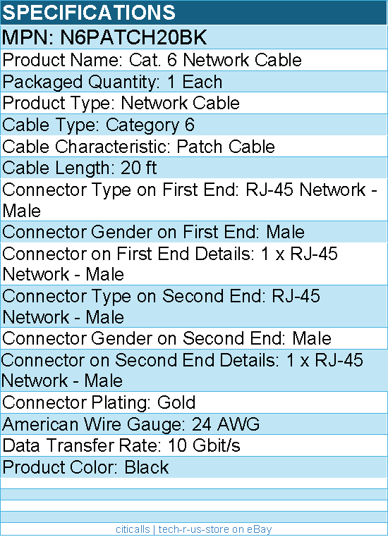 StarTech N6PATCH20BK 20ft CAT6 Ethernet Cable - Black Snagless Gigabit