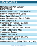StarTech N6PATCH5BK 5ft GbE Snagless RJ45 UTP Cat6 Patch Cable BK RTL