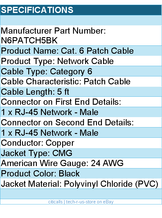 StarTech N6PATCH5BK 5ft GbE Snagless RJ45 UTP Cat6 Patch Cable BK RTL