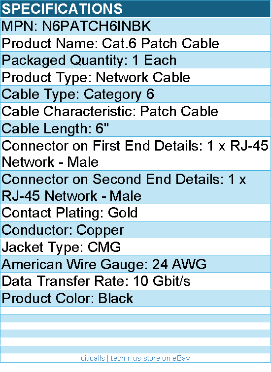 StarTech N6PATCH6INBK 6in CAT6 Ethernet Cable - Black Snagless Gigabit