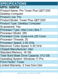 Dell N89FM Pro Tower Plus QBT1250 Desktop Computer - Intel Core Ultra 7
