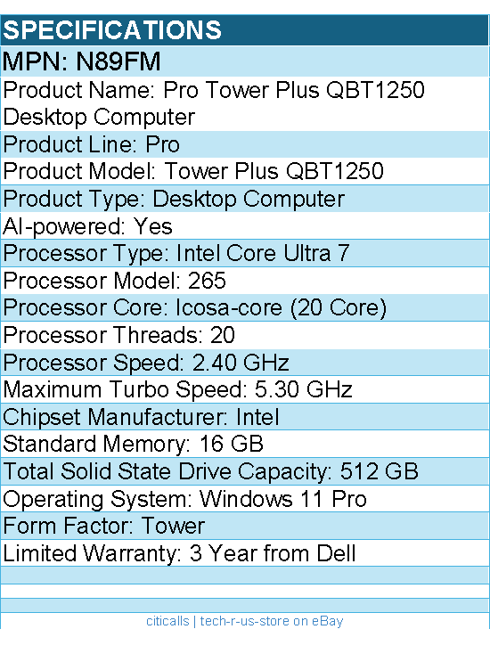 Dell N89FM Pro Tower Plus QBT1250 Desktop Computer - Intel Core Ultra 7