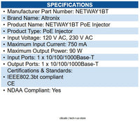Altronix NETWAY1BT PoE Injector 120 V AC, 230 V AC Input - 1 x 10/100/1000Base-T